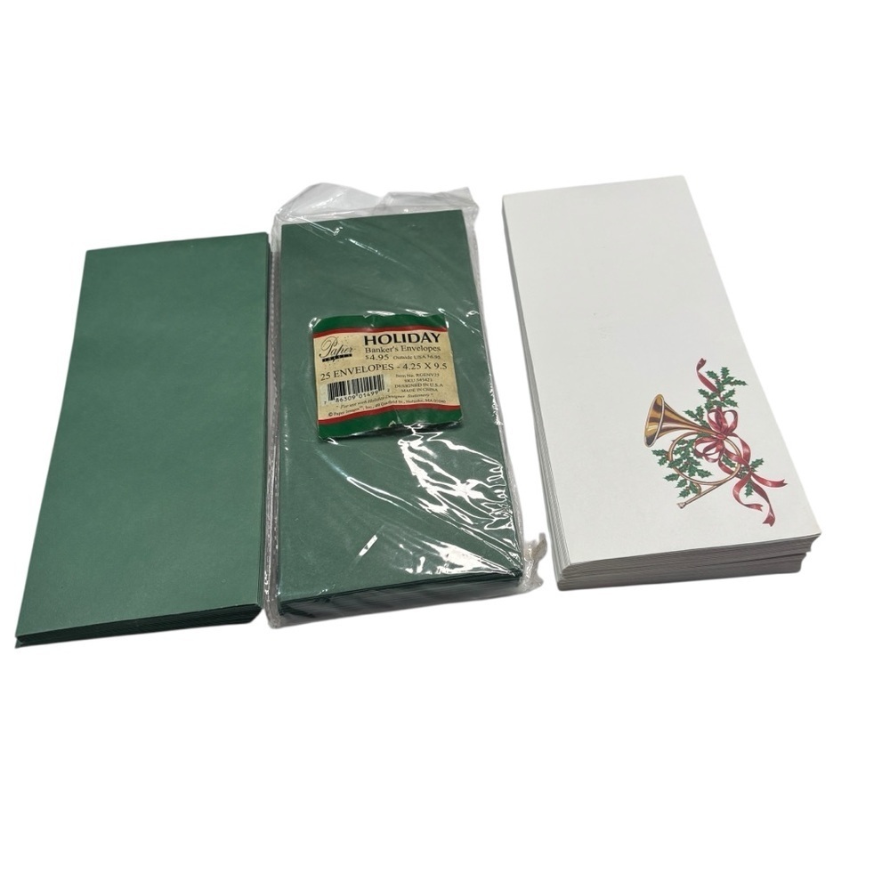 Holly French Horn paper images HOLIDAY green banker's envelopes 4.25x9.5 Money - Picture 3 of 8